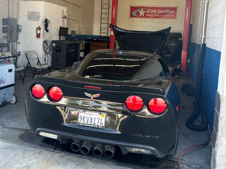 Car on the smog check dyno at Palmdale Smog Check